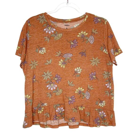 SONOMA Floral Crop T-Shirt Ruffle Hem Crew Neck Linen Blend Burnt Orange Size M - Picture 6 of 6
